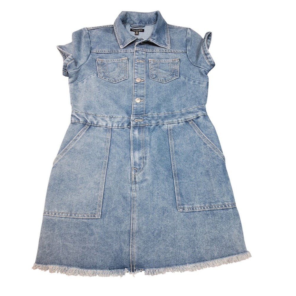 True Religion Womens Light Wash Denim Mini Dress Short Sleeve Frayed Hem Medium